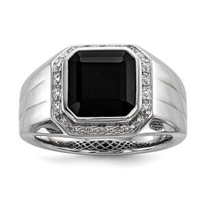 White Night 925 Sterling Silver RH-plated Diamond & Black Onyx Square Men's Ring
